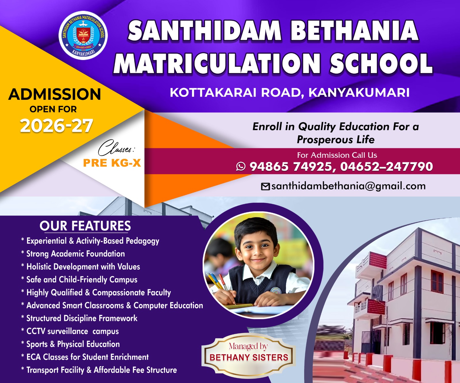 Admissions open flyer for Santhidam Bethania Matriculation School